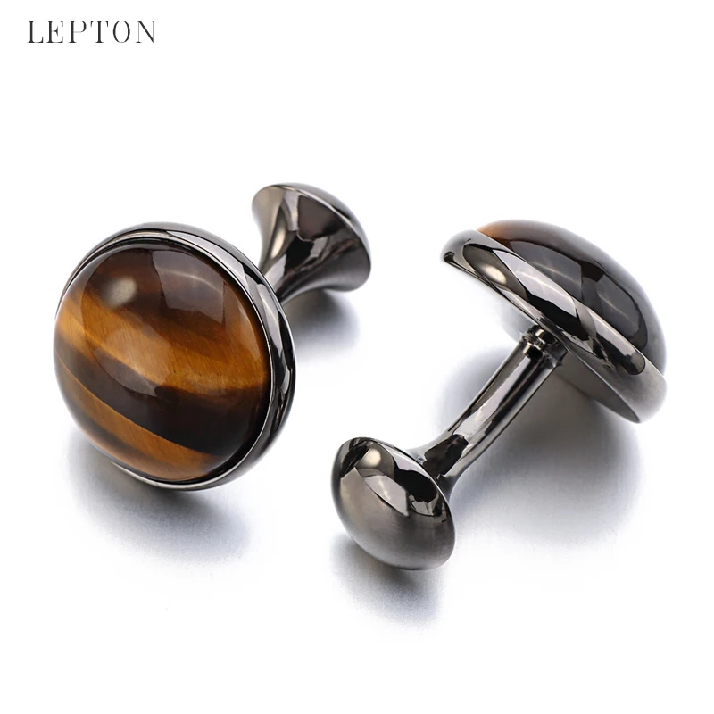 Low-key Luxury Tiger-eye Stone Cufflinks for Mens Gold Color Plated Lepton High Quality Brand Round Stone Cuff links Best Gift