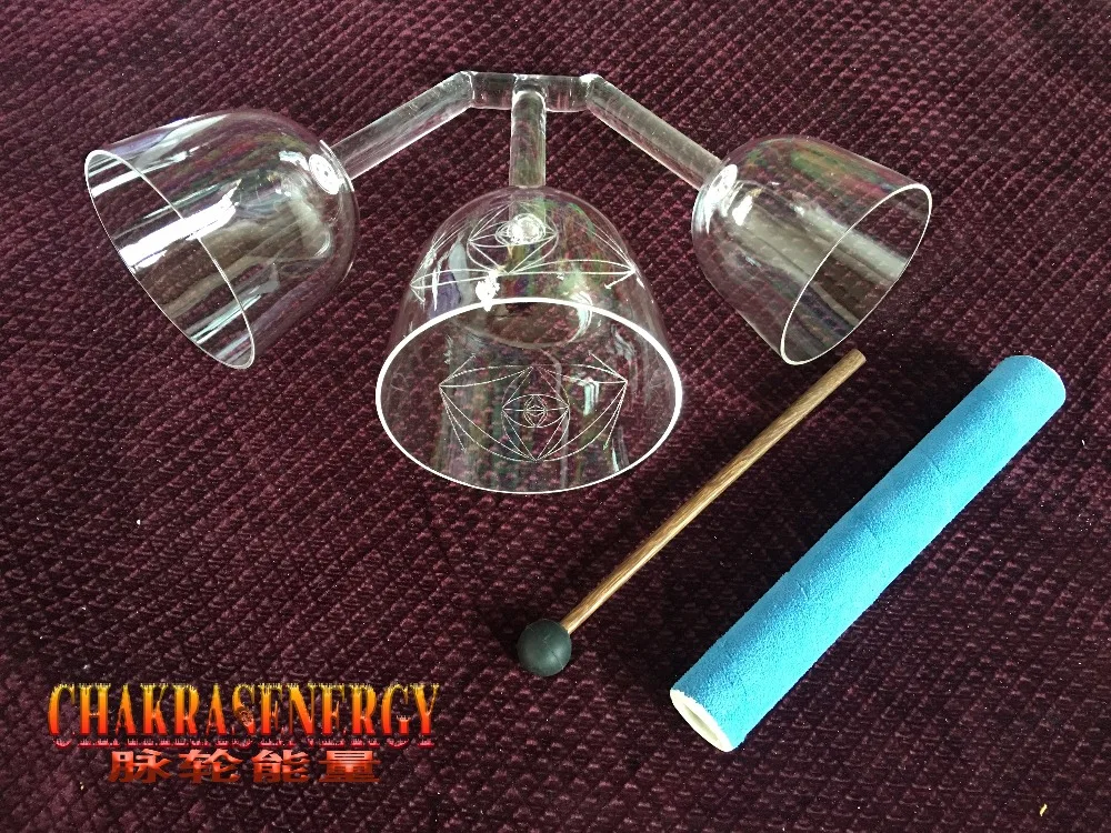 

5th octave clear crystal singing triple bowls with 3 different musical note with carved design with 2pcs free mallets