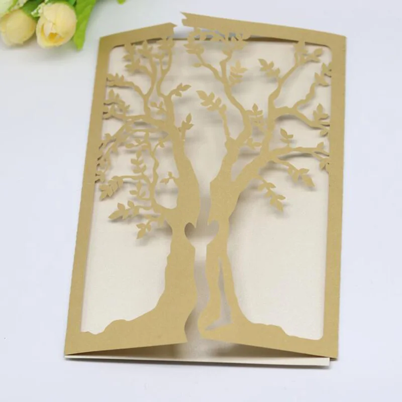 10pcs Gold Laser Cut Wedding Invitations Card Elegant Tree Leaf Greeting Card Business Birthday Wedding Party Favor Decorations