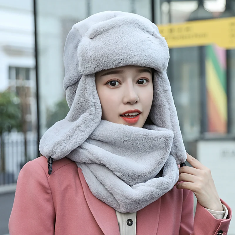 Girl Bomber Hat Women Winter Ear Protection Cold Proof Thickening Pure Color Cap Female Lady Cycling Hats Soft Scarf Set H7287