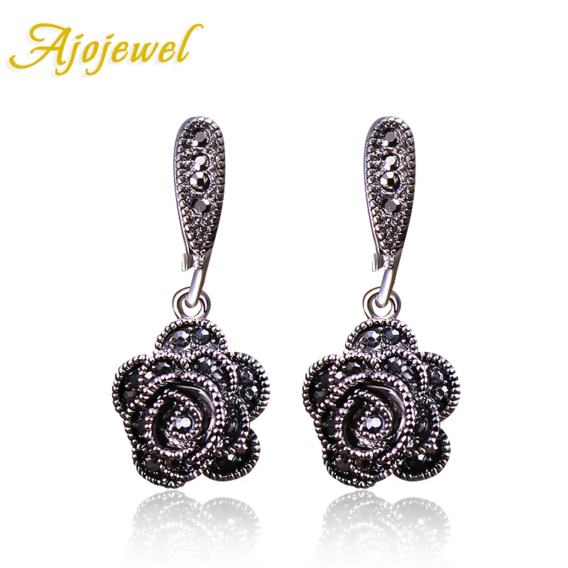 Ajojewel Vintage Black CZ Rose Flower Earrings For Women Silver-color Ear Drop Chic Jewelry