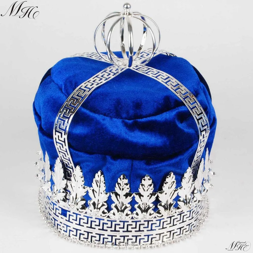 

Royal Blue Velvet Large 9" Crowns King Imperial Medieval Tiaras Round Clear Crystal Pageant Party Costumes For Men Hair Jewelry