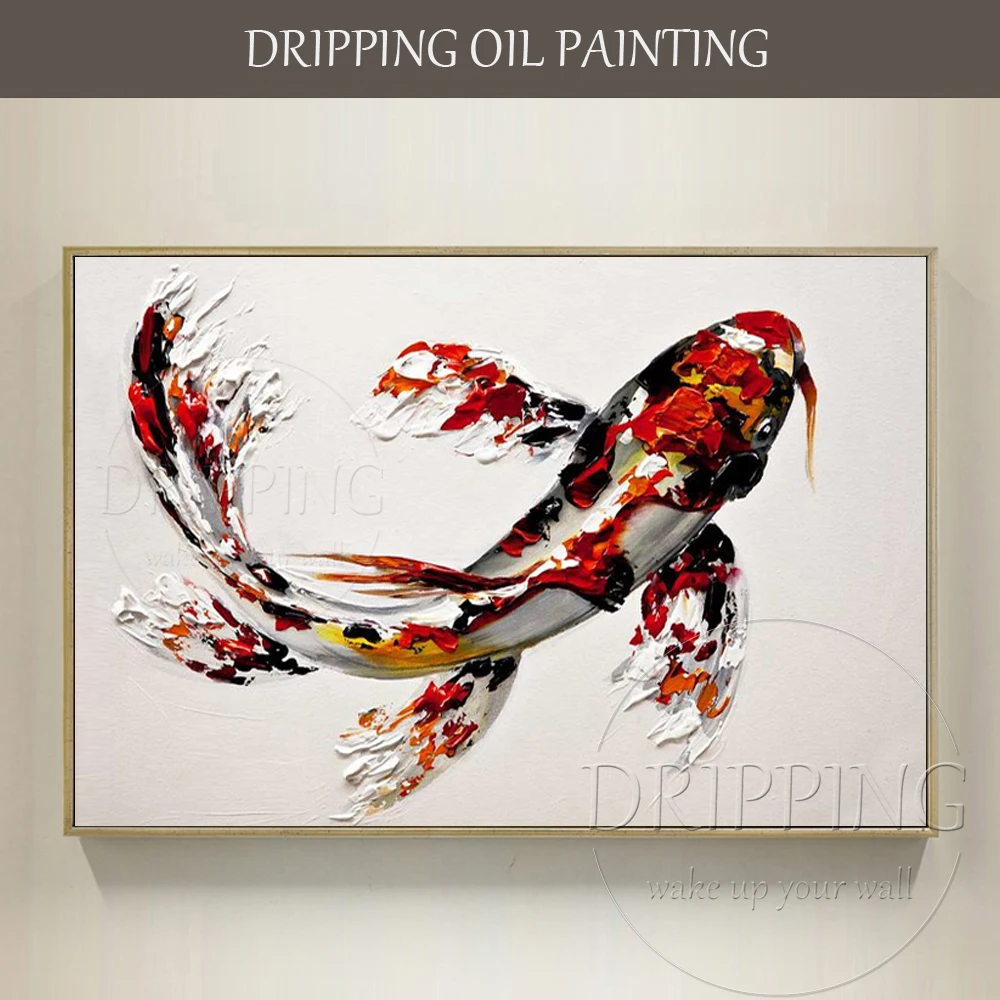 

Artist Hand-painted Lovely Animal Gold Fish Oil Painting on Canvas Handmade Platte Knife Fish Acrylic Painting for Wall Decor