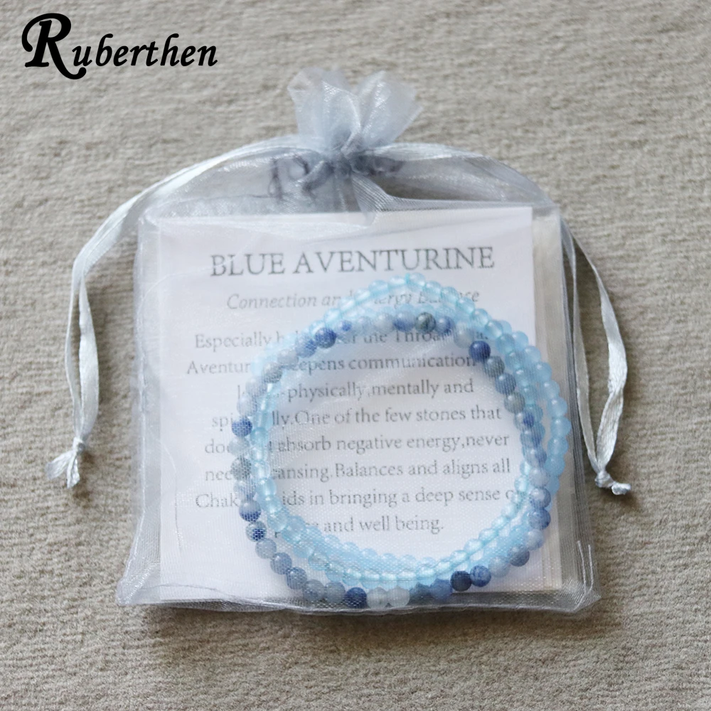 Ruberthen 4 MM Blue Aventurine Bracelets Set Womens Natural Celestine Blue Jade Mini Gemstone Bracelet