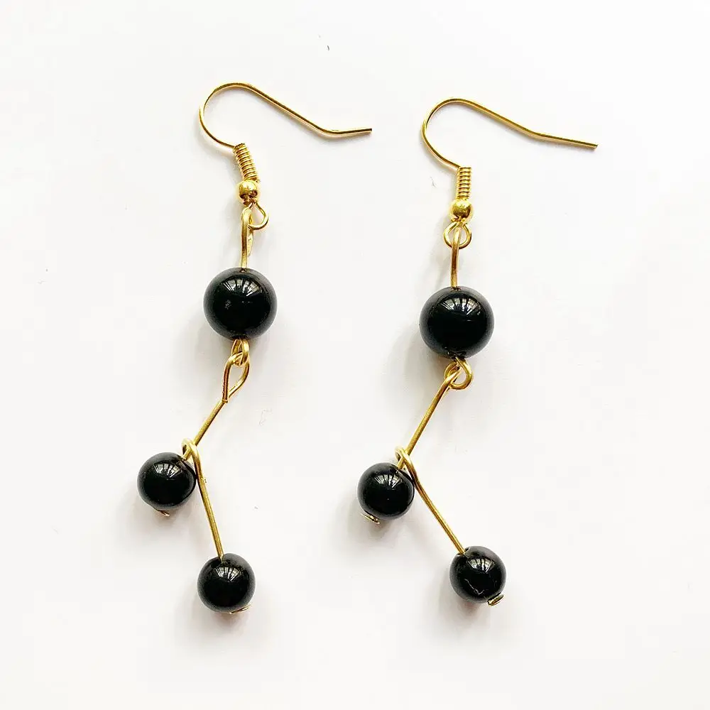 Bhuann Genuine Obsidian Stones Beads 6 8mm Natural Crystal Dangle Drop Earrings Black Stones Gold Color Metal Earrings Wholesale