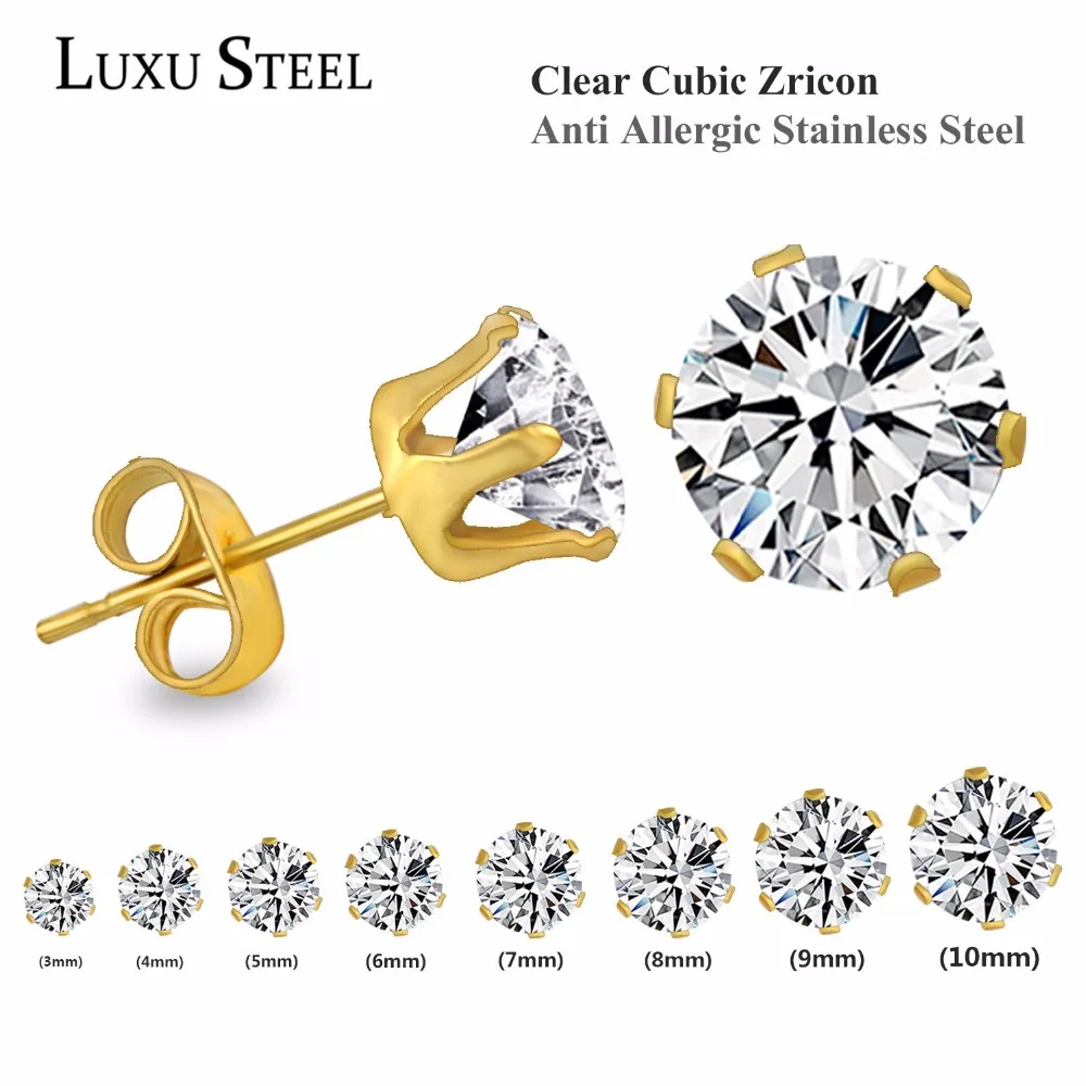 LUXUSTEEL 10Pairs 316L Stainless Steel Different Color Round/Square Shaped Brilliant Cubic Zircon Stud Earrings Sets Bijoux