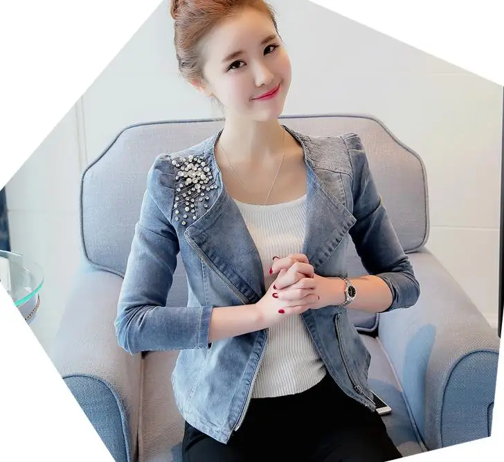 Women Denim Jackets Casual Slim Pearl Bead zipper Jeans Coat Female