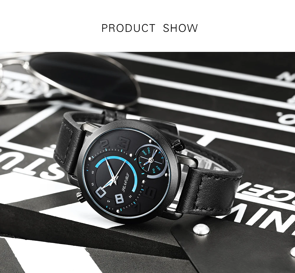SENORS New Fashion Double Movement Quartz Watches Men\'s Black Belt WristWatch Men Sport Hour Male Clock Relogio Masculino