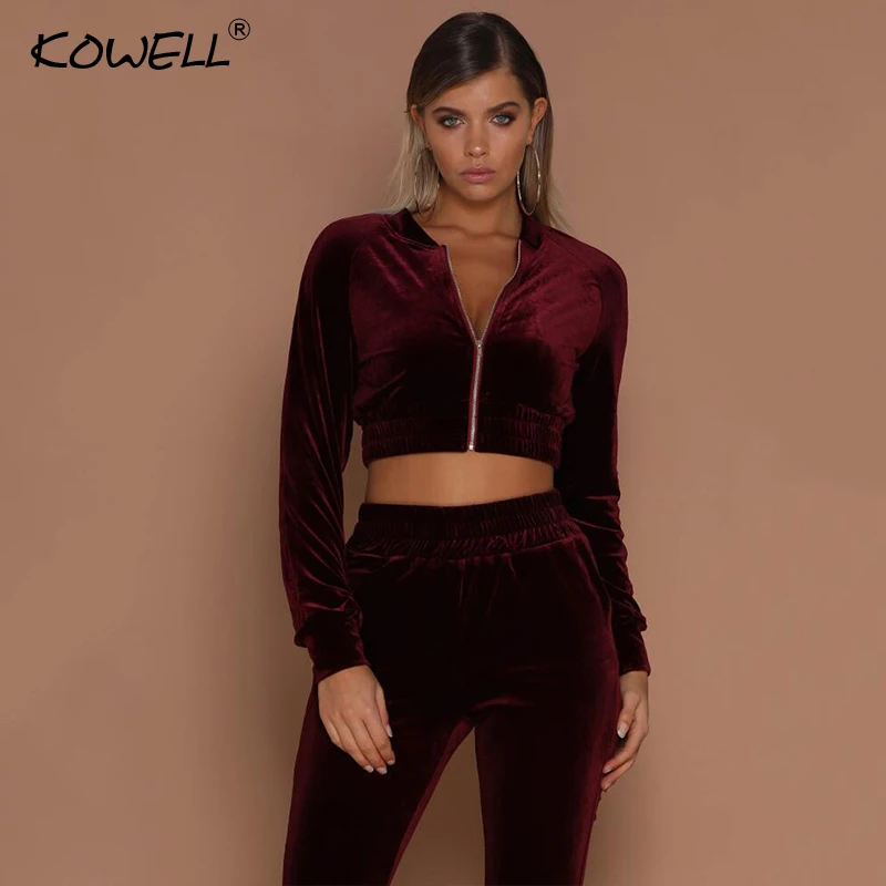 Hot Sale Autumn Two Pieces Bodycon Jumpsuits For Women Overalls Long Sleeve Velvet Zipper Bodysuit Cropped Top Casual Full Pants