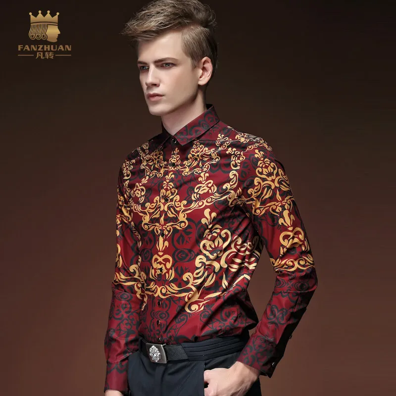 Fanzhuan Free Shipping New fashion palace casual spring flower men male red personality long sleeved printed shirt blouse 15227