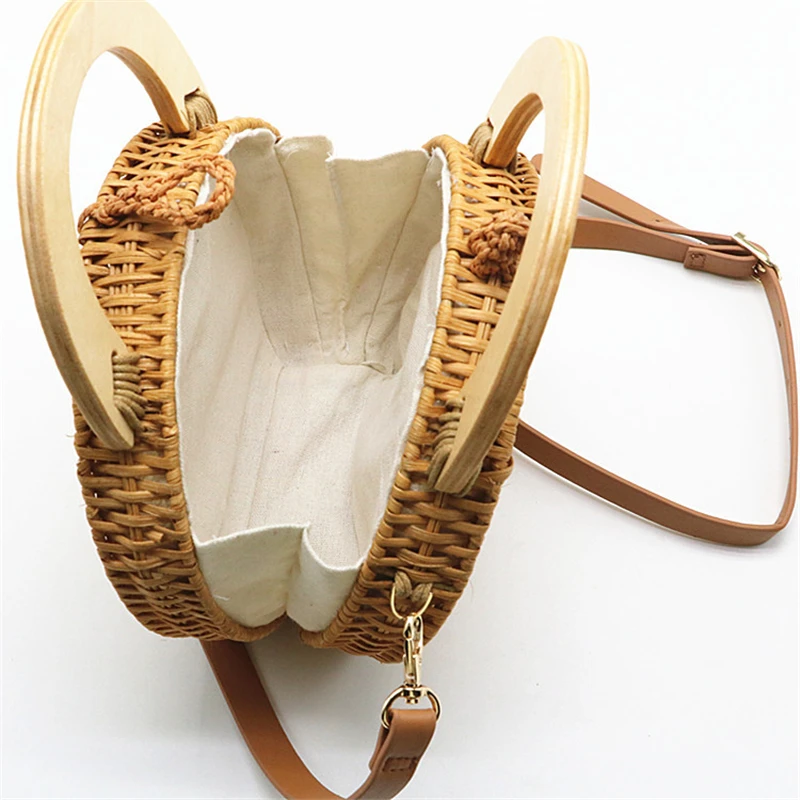 Straw Handbag Women Wooden Hand-Woven Top-Handle Beach Bag Circular Knitting Bags Travel Tote Straw Bags For Women Crossbody Bag