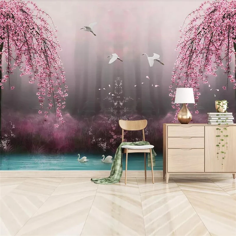 Personalizado sonhador rosa cereja cisne lago paisagem papéis de parede decoração para casa fundo tv grande mural verde papel de parede 3d