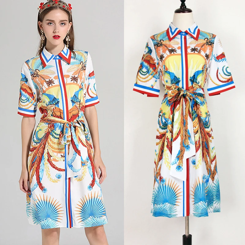 

S-3XL high quality 2018 autumn and winter new fashion single-breasted printed loose tie bow casual holiday women's dress