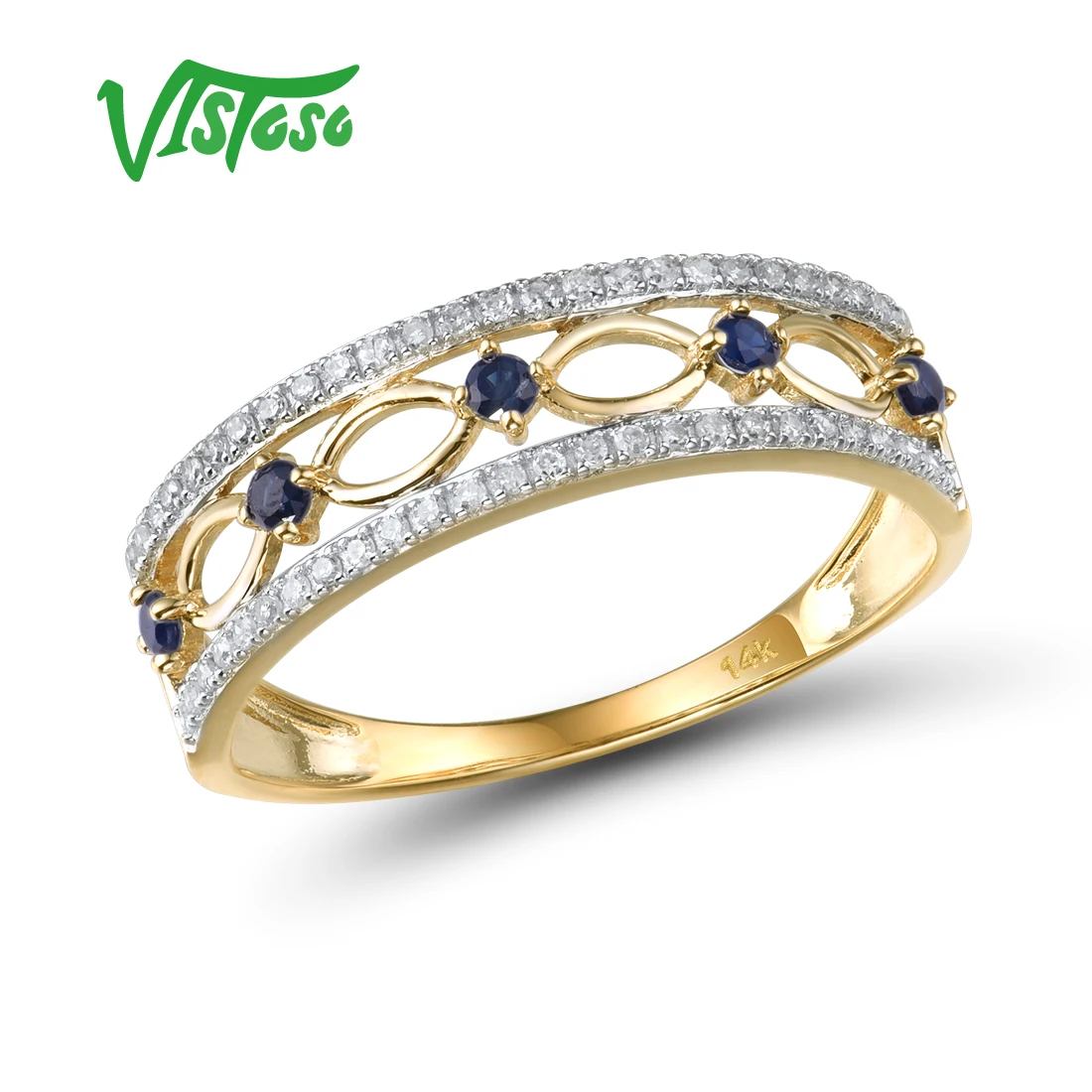 

VISTOSO 14K Yellow Gold Rings For Women Genuine Sparkling Diamond Fancy Blue Sapphire Engagement Anniversary Unique Fine Jewelry