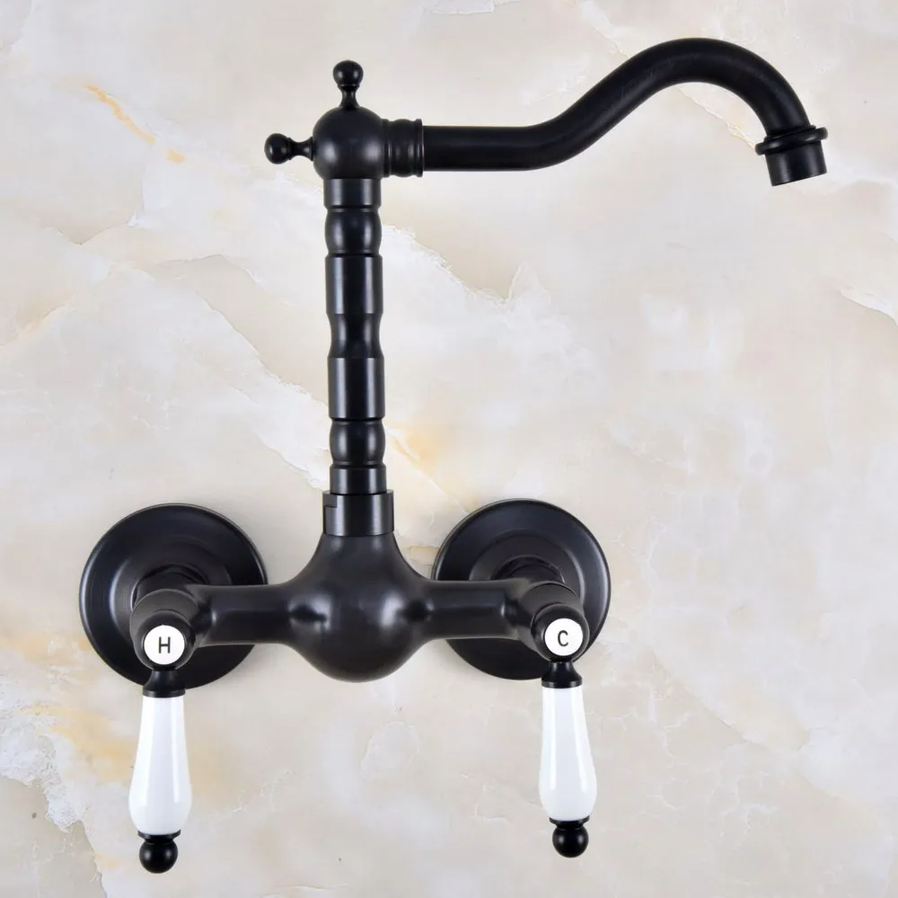 Preto Friccionado Óleo de Bronze Fixado Na Parede Do Banheiro Kitchen Sink Faucet Tap Mixer Bica Giratória Dupla Cerâmica Alças Alavancas anf869