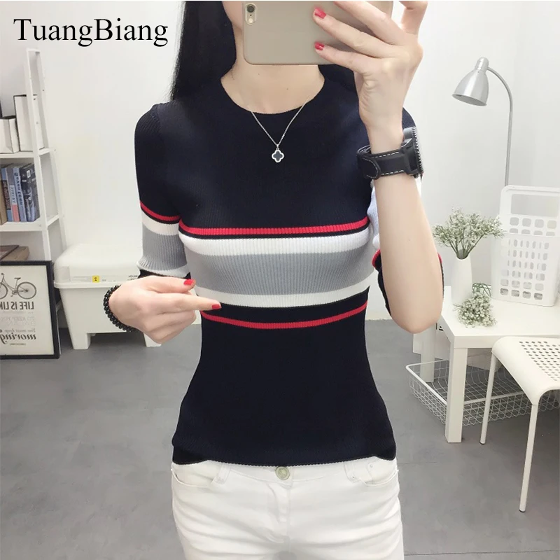 2023 Spring Women Half Sleeve Sweaters Slim O-Neck Striped Pullovers Sweaters Female Autumn Elasticity Bottoming Cotton Jumpers