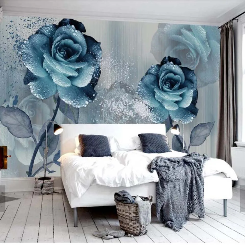 

Watercolor Blue Rose Flower Papier Peint Mural Wall Papers for Bedroom Photo paper Art Decals Murals 3d papers