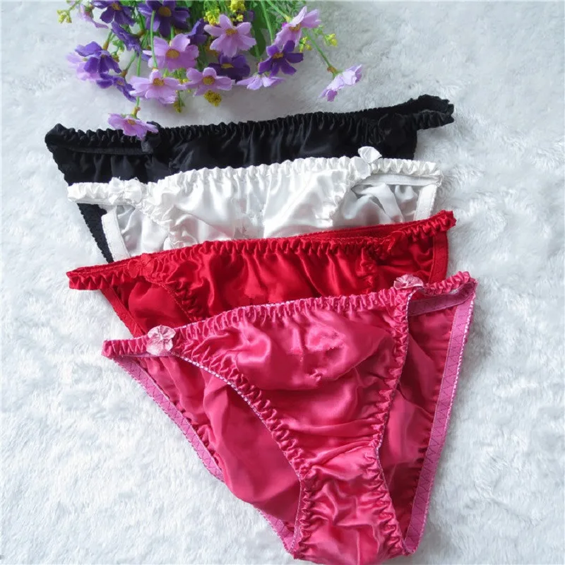 4pcs Color Random 100% Pure Silk Women\'s Sexy Bikini Panties Comfortable Breathable Underwear Knickers Lingerie M L Hot SYT9203