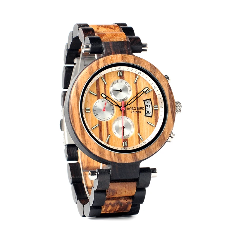 BOBO BIRD WP17 Men Wood Multi-function Ebony Watches Wood Band Fashion Quartz Male Clock Back Cap Custom Watch