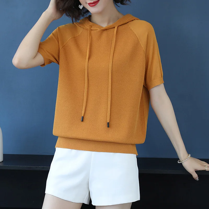 Summer Loose Hooded T-shirt Ladies Thin Ice Silk Short Sleeve Top Tees Clothes Women Pure Color Casual Fashion T-shirts H9243