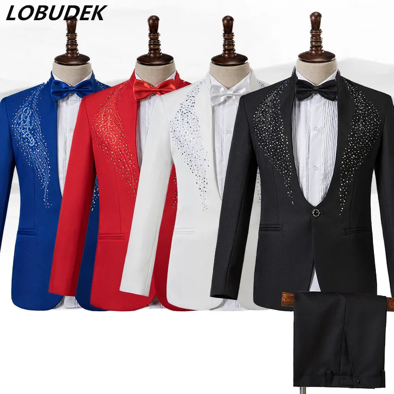 

Men's Stand Collar Rhinestones Suit Fashion Embroidery Blazer Slim Set Chorus Team Singer Dancer Host Stage Costume Red Suits