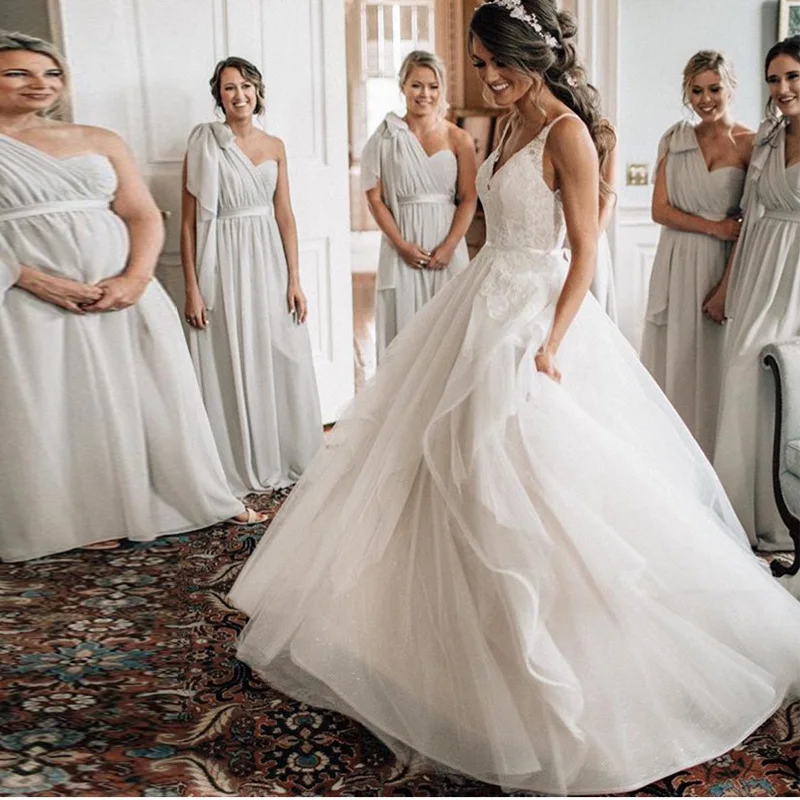 Robe de mariée bouffante de princesse, sans manches, jupe à plusieurs niveaux en tulle, dos nu, longue, élégante, 2019