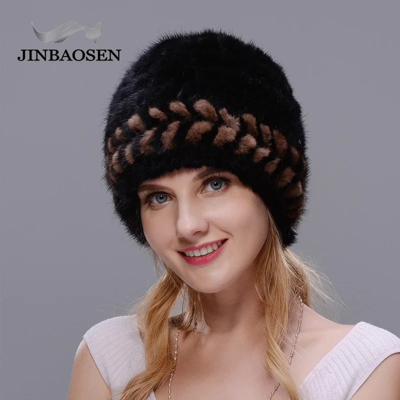 JINBAOSEN Women Winter Thick Warm Cap Real Mink Fur Hats for  Knitted Mink Fur Pom Poms Beanies with Fox Fur Ball Brand