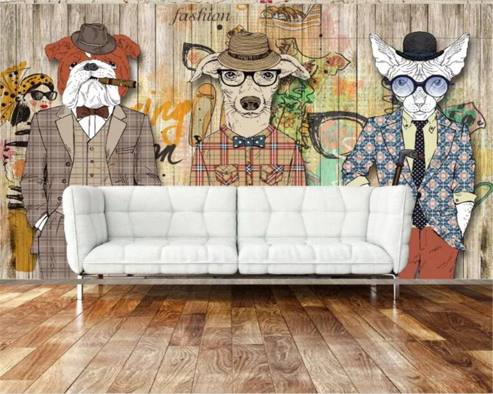 

Retro nostalgic abstract animal Dog Animal Wood grain Custom cartoon wallpaper Art Painting wallpaper for walls 3d