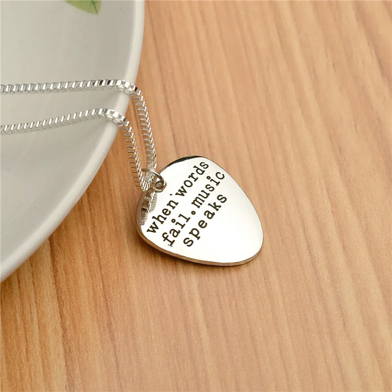 High Quality Letter Pendant Choker When  Words Fail Music Speaks Silver Necklace Guitar Pick collier femme jewelry collier anime