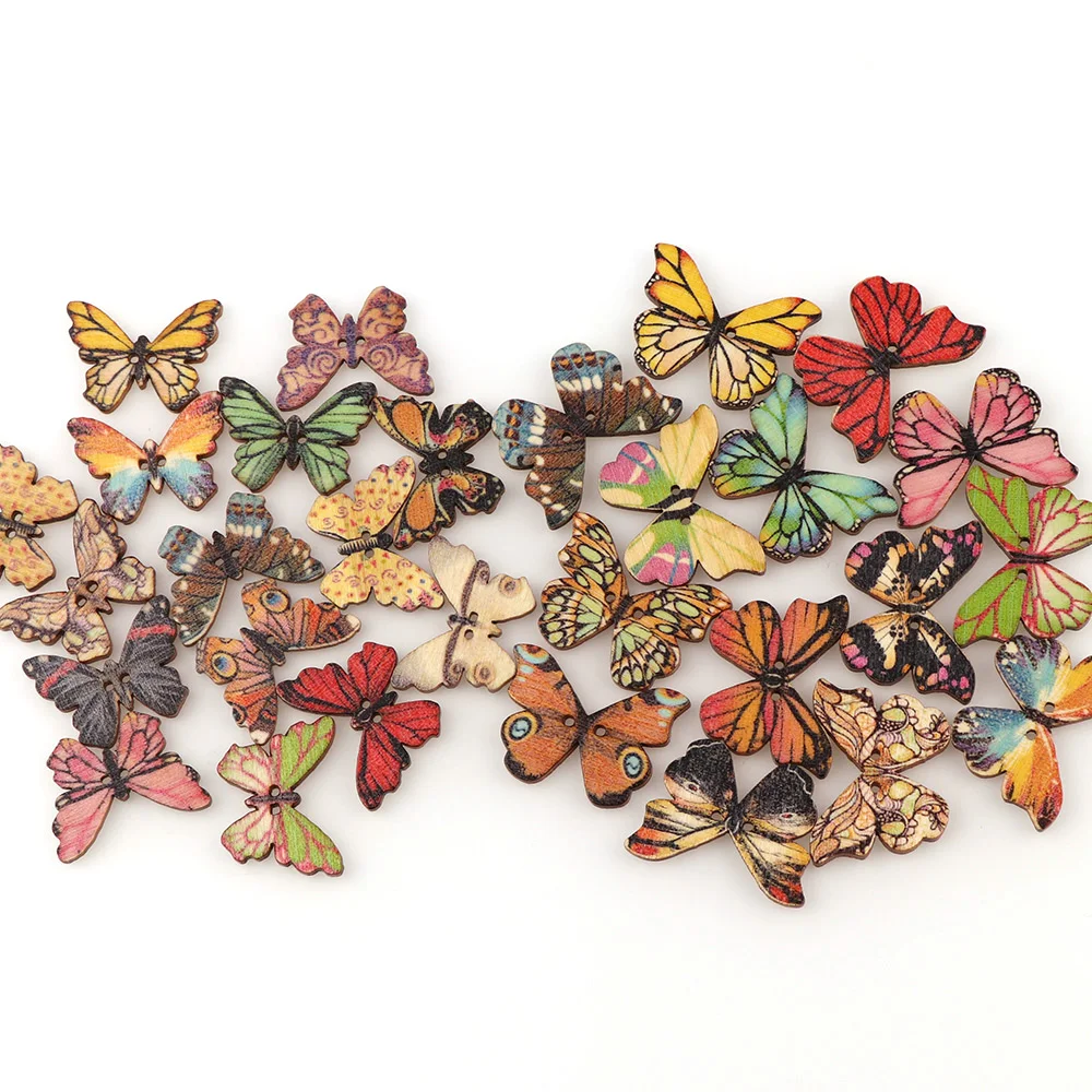 50Pcs/set Colorful Butterfly Wooden Buttons Fit Sewing And Scrapbook Sewing 2 Holes Buttons For Craft DIY Mixed Accessories