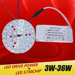 Tablero de luz Led para techo, Panel de lámpara de 3W, 7W, 12W, 18W, 24W, 36W, 5730 SMD, CA 100-265V, combinación de controlador de fuente de alimentación LED