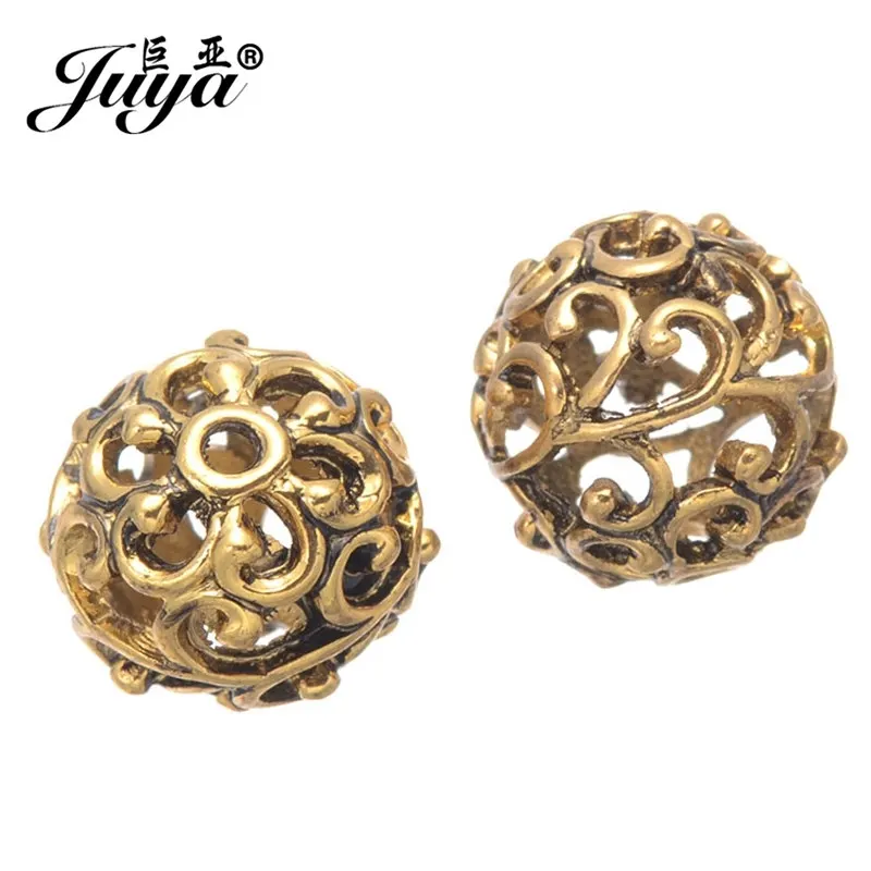 JUYA 20pcs/lot 12mm Engrave Hollow Alloy Beads Ancient Gold/Silver Color Beads for Women Jewelry Making Supplies Accessories