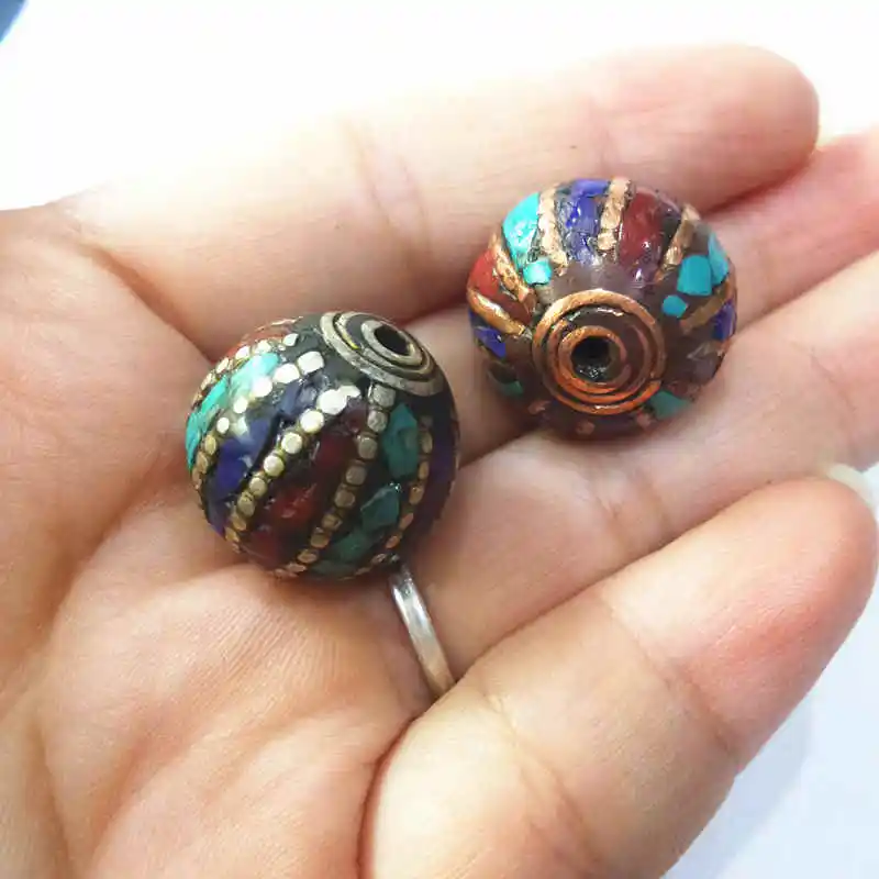 Nepal Hand Brass Ball Beads Inlay Colorful Stone Lanterns Beads DIY Jewelry Accessories NBB311