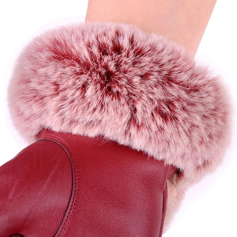 Winter Warm Touch Screen PU Leather Gloves Women Mittens Fashion Luxury Faux Fur Gants Female Leather Plush Luvas Skiing Thick