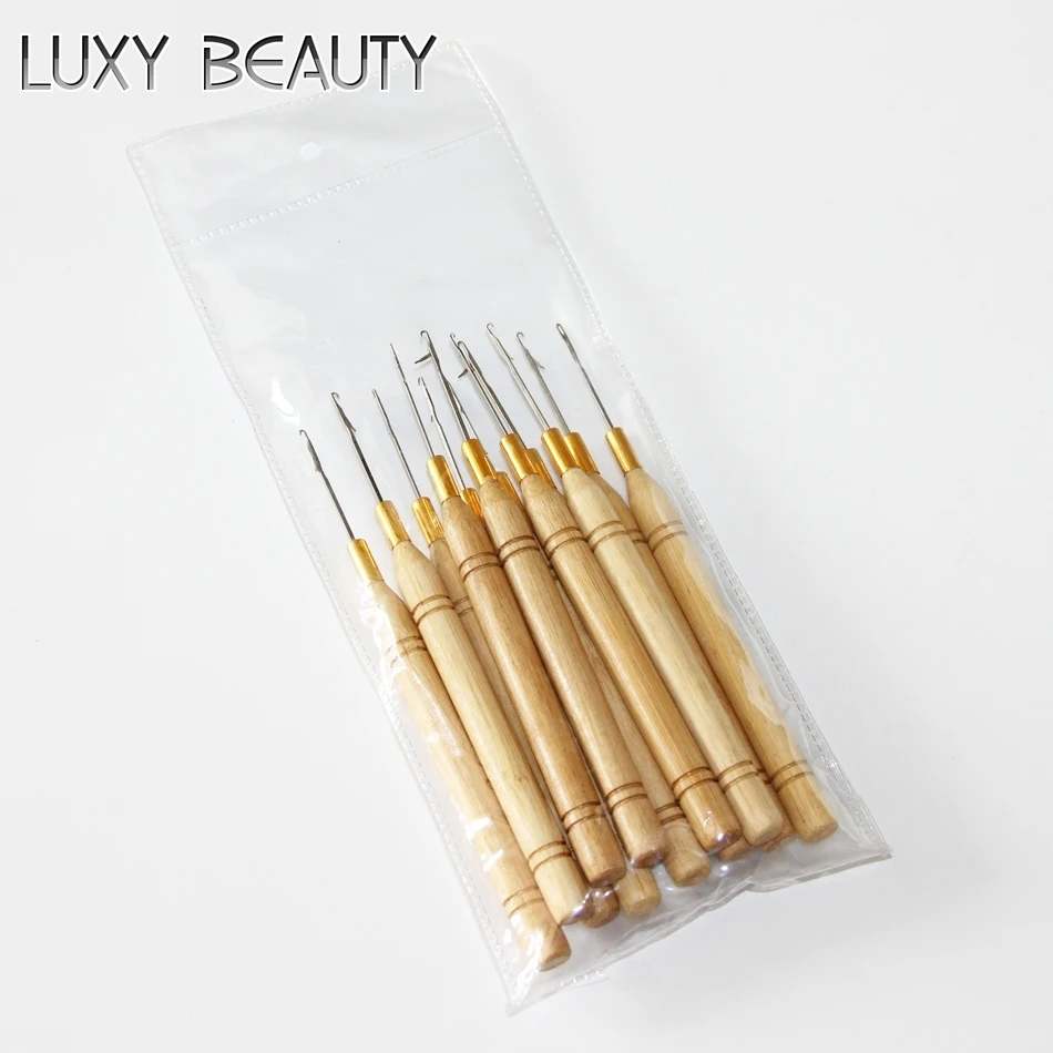 5pcs Hook Needle Wooden Handle Hook Loop Hair Threader Micro Rings Applicator For Tubes Beads Cold Fusion Hair Extension Tool