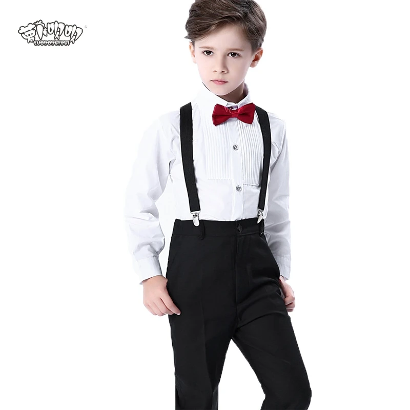 

Wedding Suit For Boys Kids Formal Prince School student Dress Gentleman Kids Strap Shirt Pants Bowtie 4Pcs ceremony Show Costume