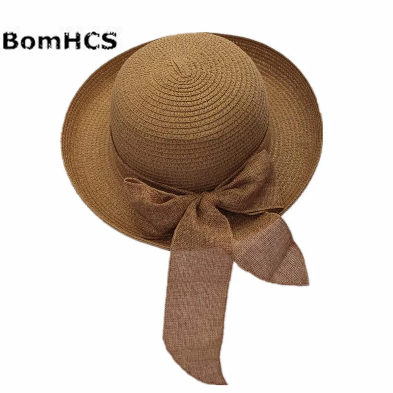 BomHCS Summer Women Bow Curling Linen Ribbon Straw Hat Travel Beach Shopping Sun Hats Caps 17F-311MZ3