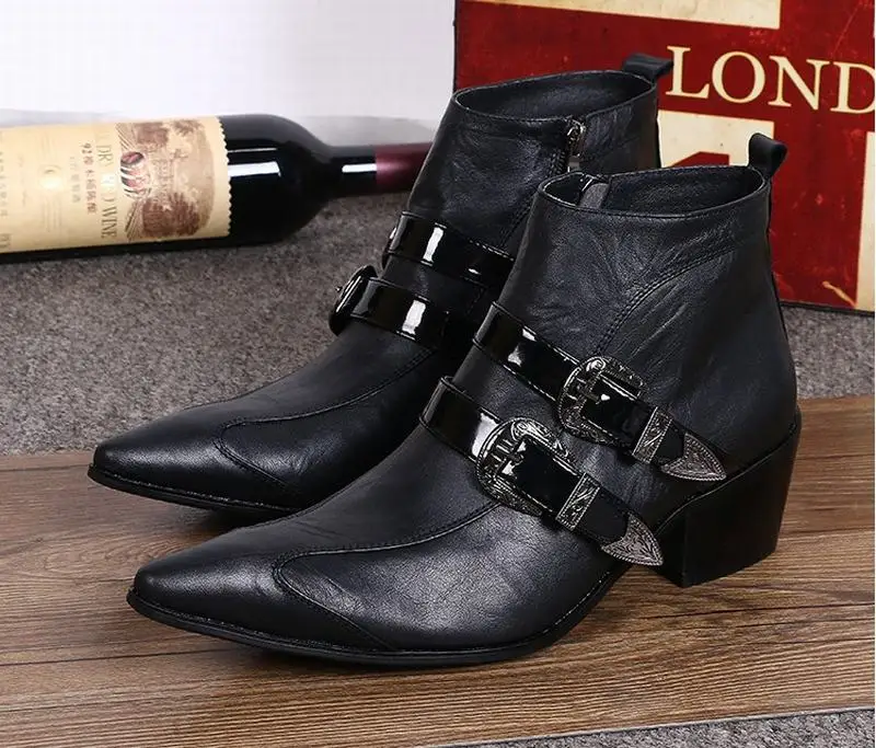 New Fashion Genuine leather Men Pointed Toe Buckle Dress Boots Height Increasing Shoes Men's High heels Motorcycle Ankle Boots