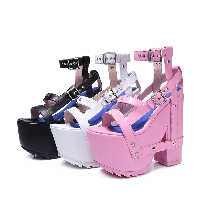 Summer Ladies Punk Super Platform Straps Linked Chunky Heels Sandals Crossed Straps Metal Buckle Peep Toe Ankle Buckle Sandalias