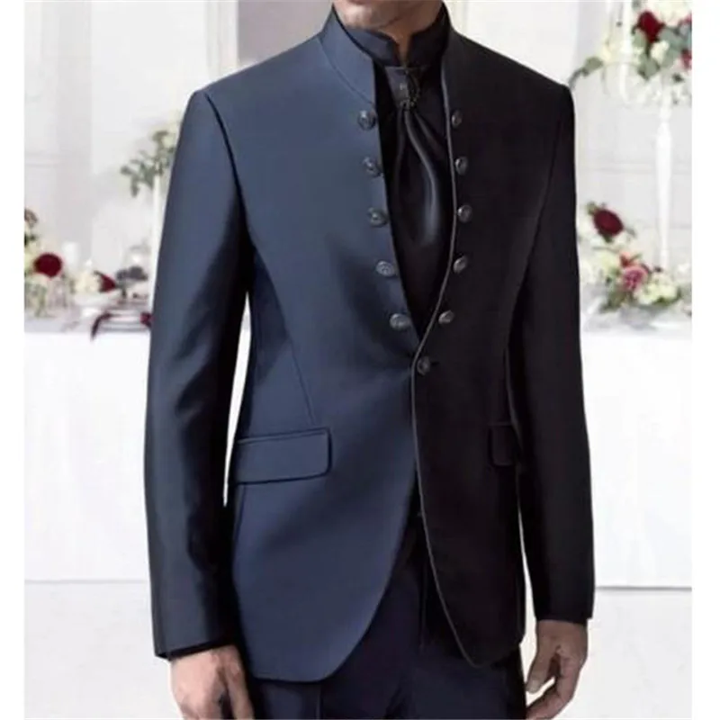 

Navy Blue Stand Collar Slim Fit Men Suit 2pieces (Jacket+Pant+Tie) Groom Tuxedos Groomsmen Wear Wedding Blazer Suits For Men