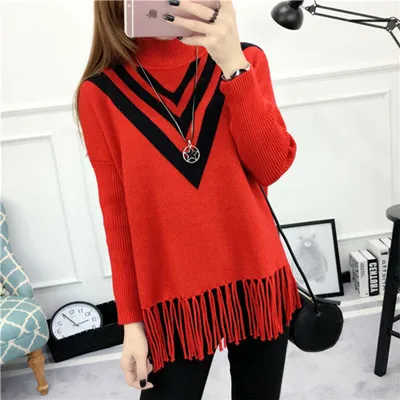 

Lady Knitted Sweater Women Winter Knitting Coat Ripped Round Neck Loose Sweater Pullovers Tassel Sweaters Tops B-9328