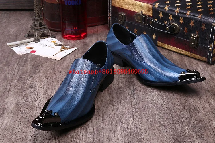 Men dress shoes luxury brand black leather blue spiked loafers slip on mens pointy shoes oxford classic wedding formal shoes