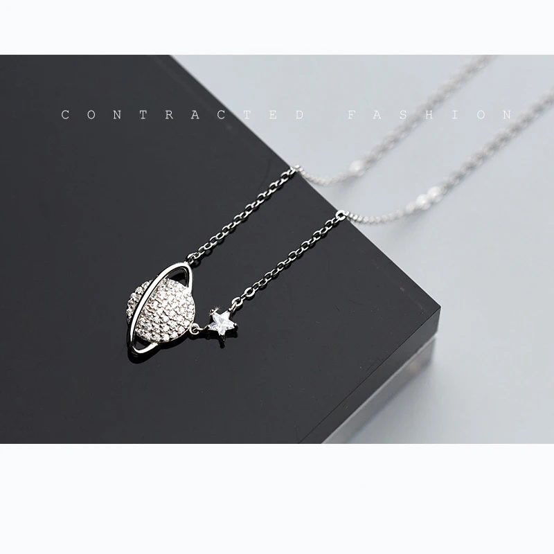 MloveAcc Genuine 925 Sterling Silver Sparkling CZ Space Saturn Star Pendant Necklaces for Women Authentic Silver Jewelry