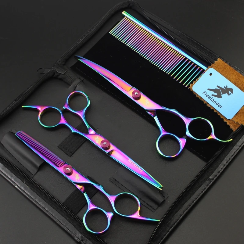 Brand Pet Grooming Scissors Set 7 In. Professional Japan 440C Dog Shears Hair Cutting +Curved+ Thinning Scissors With Comb Bag