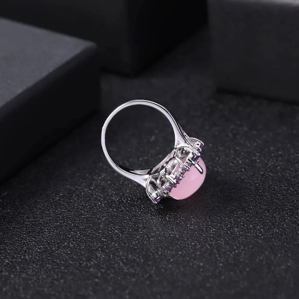 GEM\'S BALLET Natural Pink Calcedony Gemstone Ring 925 Sterling Silver Vintage Halo Cocktail  Rings for Women Fine Jewelry