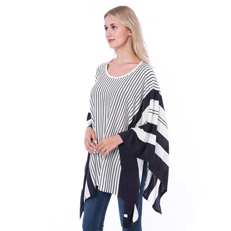 New Summer Autumn Style Woman Fashion Poncho Bouncy Sweater Plus Size Loose  Pullover Women Shawl Stripe Poncho For Lady Coat