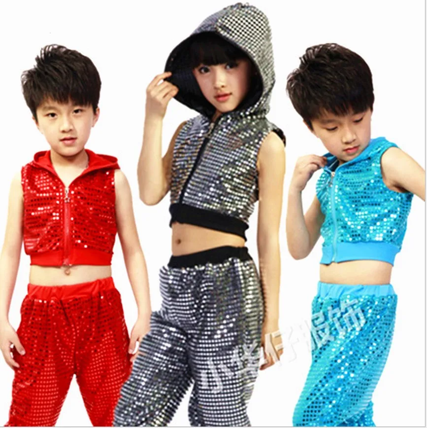 children girl boy performance Hip hop Jazz modern dance suit costume clothes hooded sequined costumes clothing