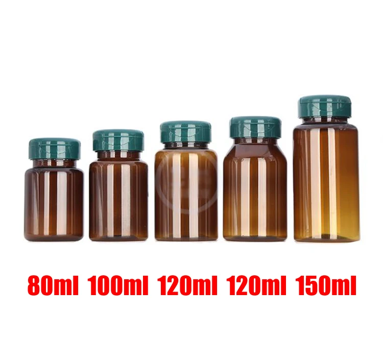 100pcs Flip PET Bottles,Capsules/Pills/Powder/Vitamin Plastic Bottles with Brown Color Flip Green Cap -- 80ml/100ml/120ml/150ml