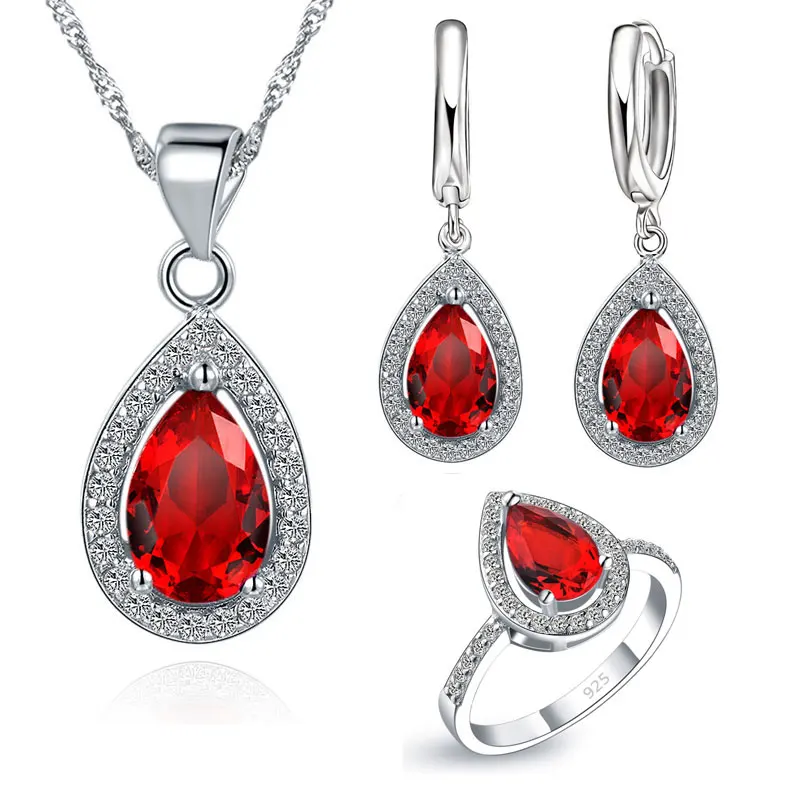 Classic Wedding Jewelry Sets Water Drop With Shiny Cubic Zirconia 925 Sterling Silver Earrings Necklaces Finger Rings Set