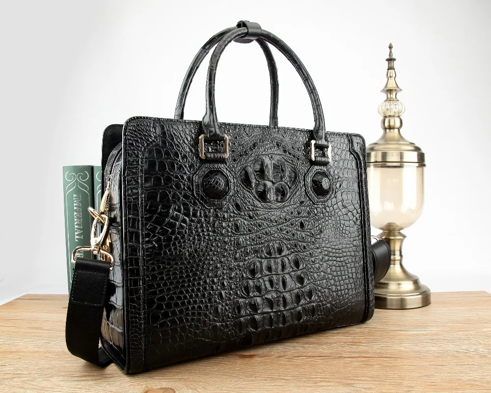 

Newly production magenic clouse Men's Genuine/Real 100% Crocodile head skin men bag briefcase business document papers bag black